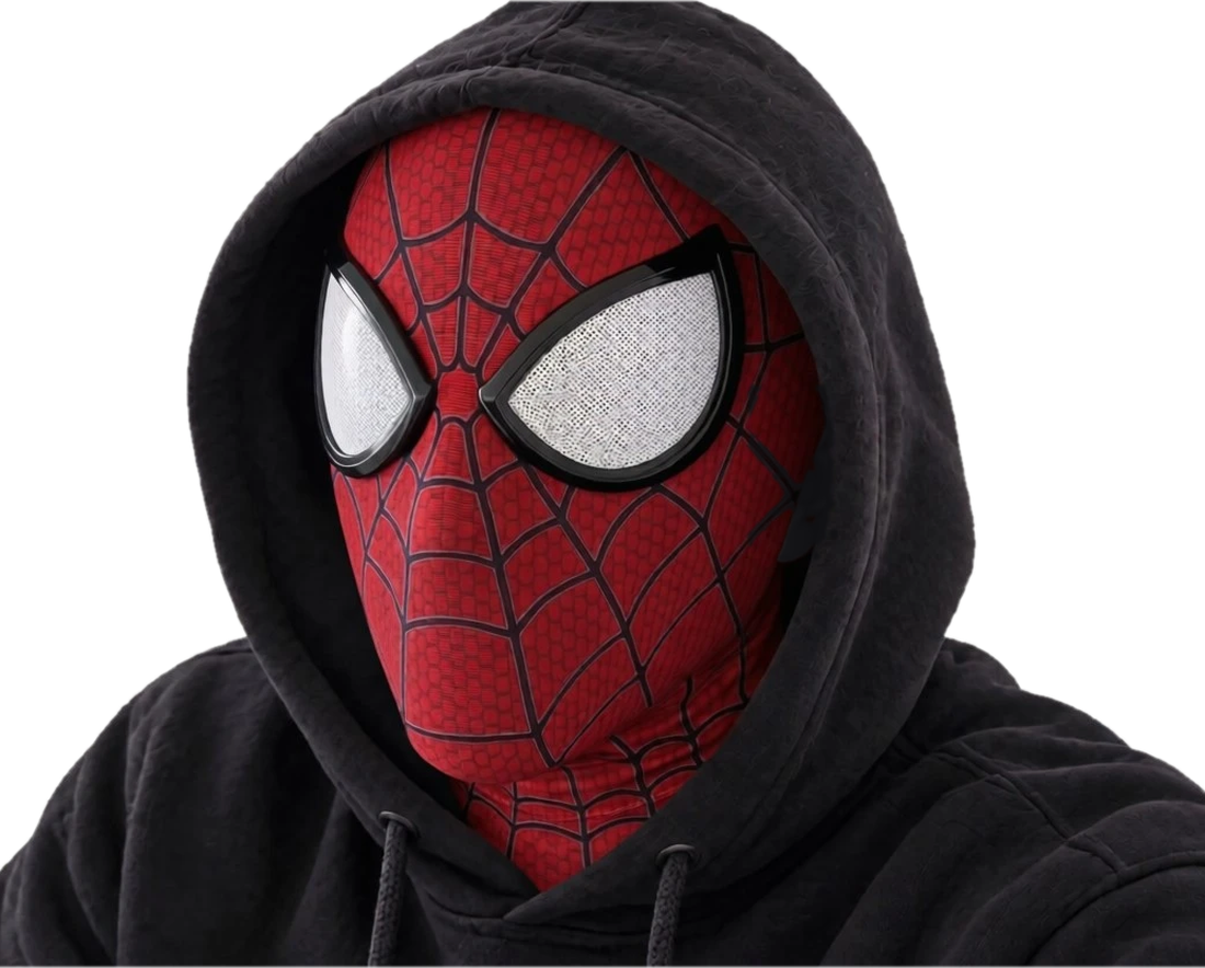 Mayuresh Khamkar in a Spider-Man mask and a black hoodie